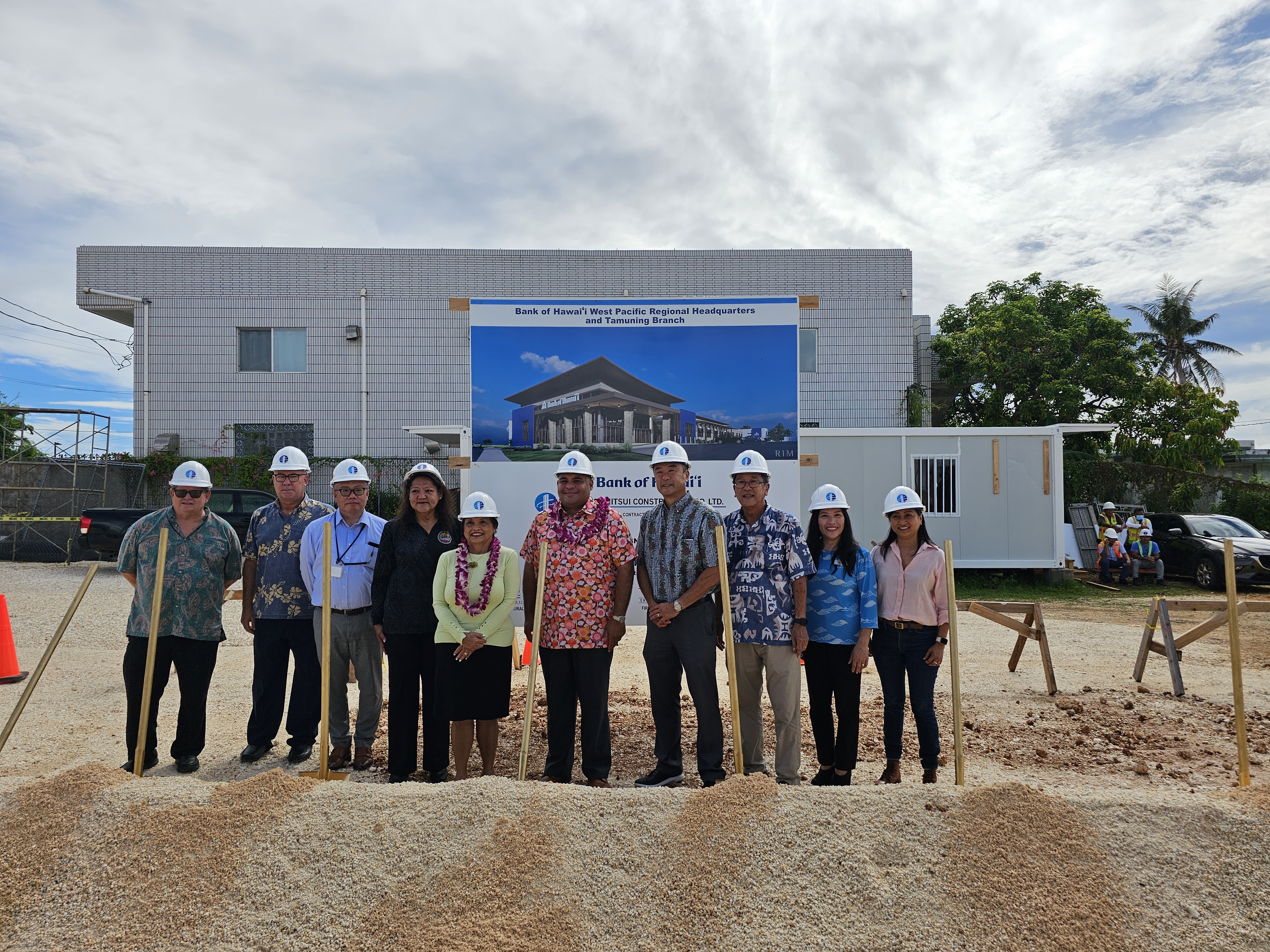 (From left) Phillip Noret, principal, RIM Architects; Jon F. Bargfrede, senior vice president, Bank of Hawaii; May Louise C. Rivera of Tamuning, Tumon and Harmon; Naoki Yoneyama, general manager, Building Department II, International Division, Sumitomo Mitsui Construction Co. Ltd.; Gov. Lourdes A. Leon Guerrero; Lt. Governor Joshua F. Tenorio, Mark Tokito, senior vice president, Bank of Hawaii; Seng Yu Chew, senior project manager, Sumitomo Mitsui Construction Co. Ltd., Erlinda Alegre, senior vice president, Bank of Hawaii; and Inna Weise, architect with RIM Architects.Photos by Justin Green