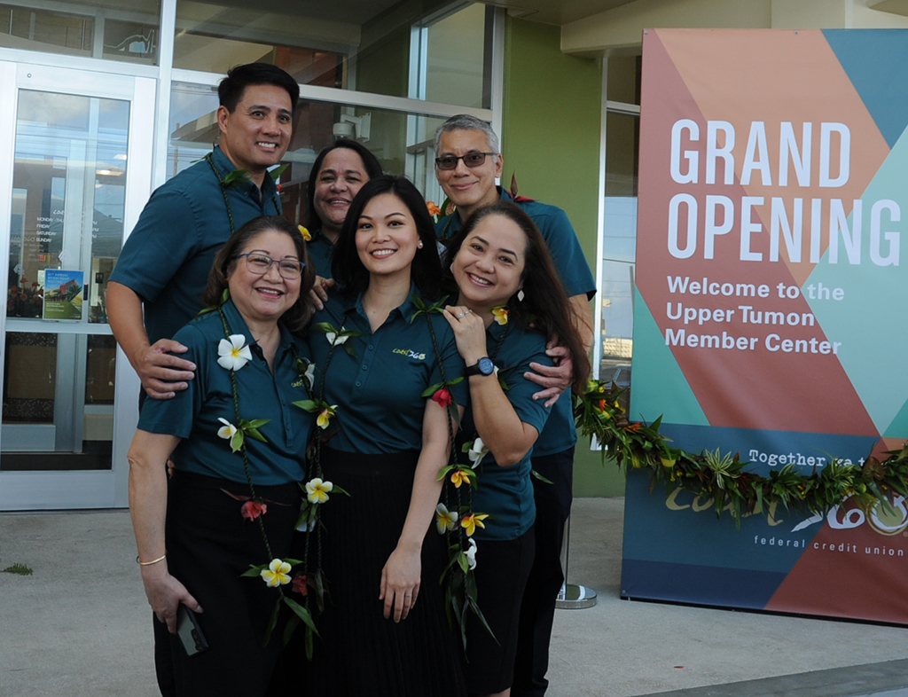 (From left rear) Gener F. Deliquina, CEO, Catherine T. Champaco, chief lending officer, Michael J. Duenas, chief information officer; and (from left front) Monica L Pido, chief operating officer; Lerissa M. Garcia, chief financial officer; and Jessica A. I. Atalig, chief compliance officer.