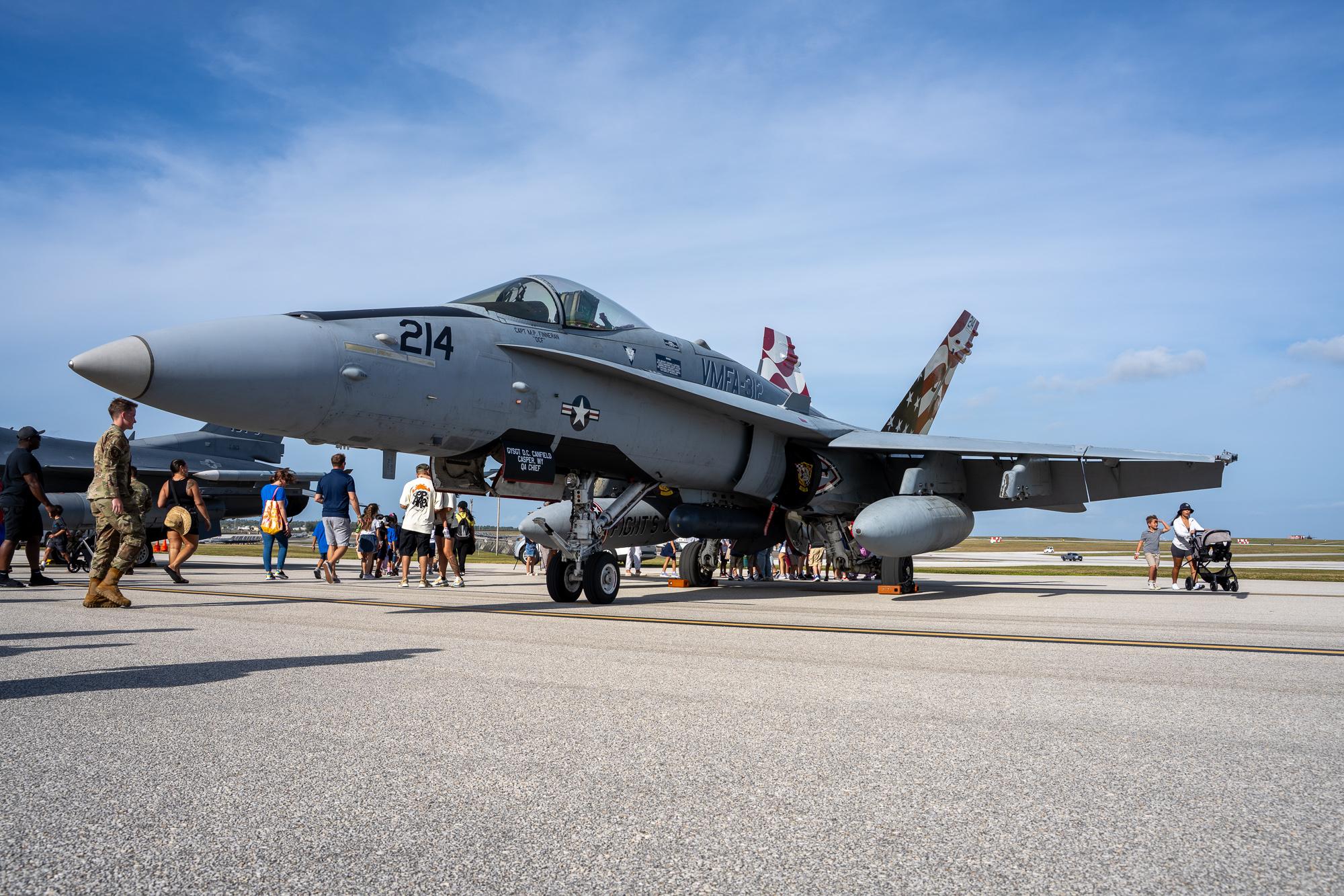 A Marine Corp. F/A-18C Hornet that&#039;s attached to Marine Fighter Attack Squadron 312 on display at COPE North 2025&#039;s Community Day. Photo by Skyler Obispo. 