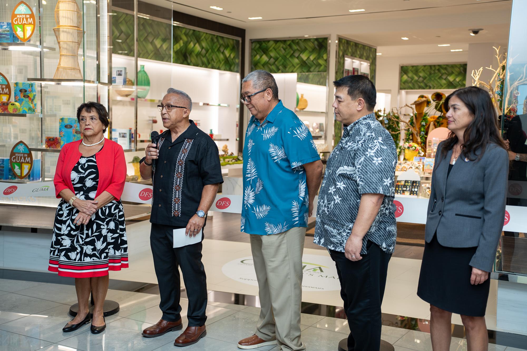(From left) Gov. Lourdes A. Leon Guerrero, Guam; Sen. Jesse A. Lujan, chairman of the Committee Transportation, Tourism, Customs, Utilities, and Federal and Foreign Affairs; Sen. Frank Blas Jr., speaker of the 38th Guam Legislature; Sen. V. Anthony Ada, chairman of the Committee on Land, Environment, Housing, Agriculture, Parks, and Infrastructure; and Sen. Therese M. Terlaje; all from the 38th Guam Legislature. Photo by Skyler Obispo. 