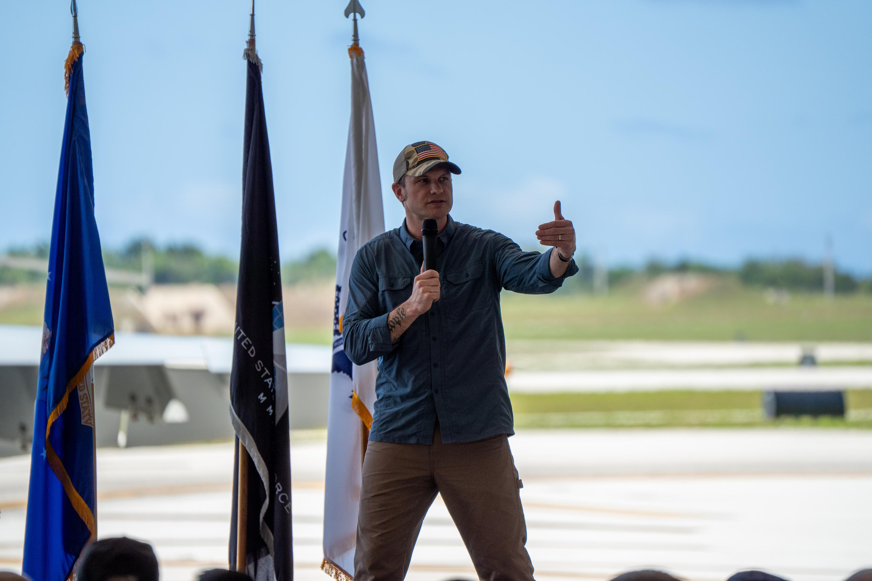 Hegseth spoke to 600-700 servicemen in Hangar 5 at Andersen Air Force Base, shortly after touching down. Photo by Skyler Obispo. 
