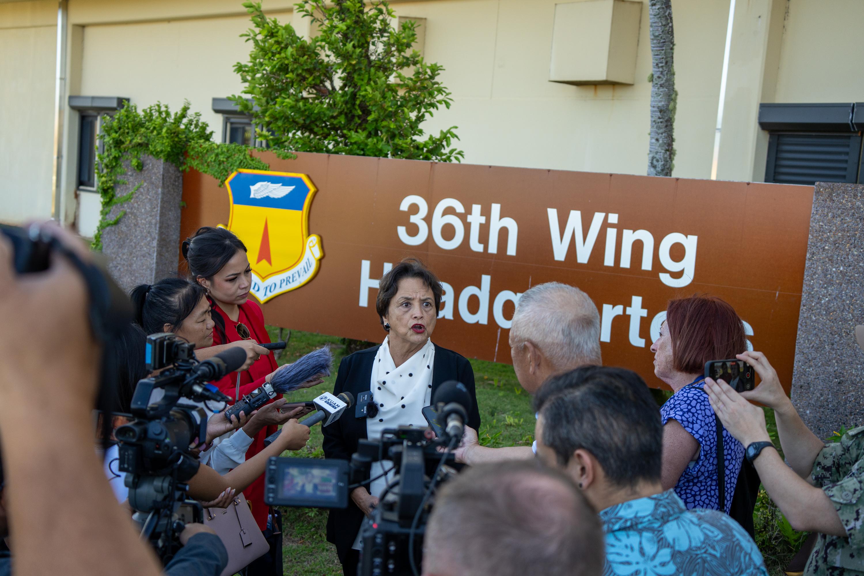 Gov. Lourdes A. Leon Guerrero, held a media brief after her meeting with Hegseth outside of the 36th Wing&#039;s headquarters building. Photo by Skyler Obispo. 