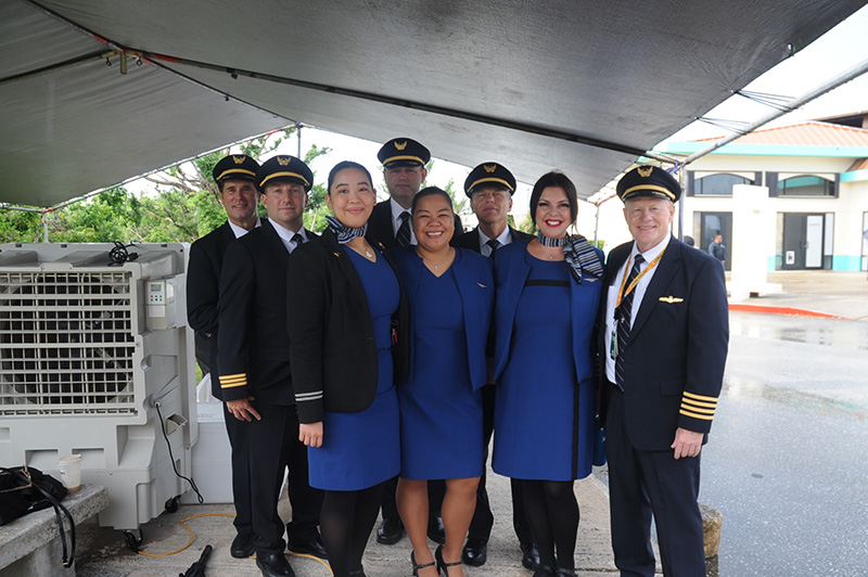 United Airlines flight crew members who attended the ceremony included (at rear) Robert Eddy and Stan Schone, and Chad Bruch, Travis Rose, Johanna Gamboa, Kara Perez, Tricia Jones and Matt Conrad. Photos by Justin Green