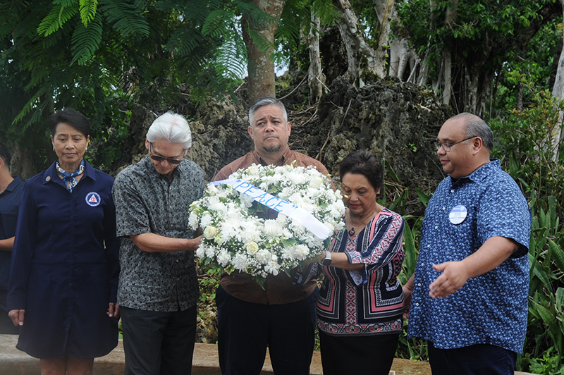 (From left) Esther J.C. Aguigui, Guam homeland security advisor; Associate Justice F. Philip Carbullido of the Supreme Court of Guam; Sen. D. Christopher Barnett, chairman of the Committee on Rules and the Committee on Education, Public Safety and the Arts of the 37th Guam Legislature; Gov. Lourdes A. Leon Guerrero; and Mayor Jesse L.G. Alig of Piti, president of the Mayors Council of Guam. 