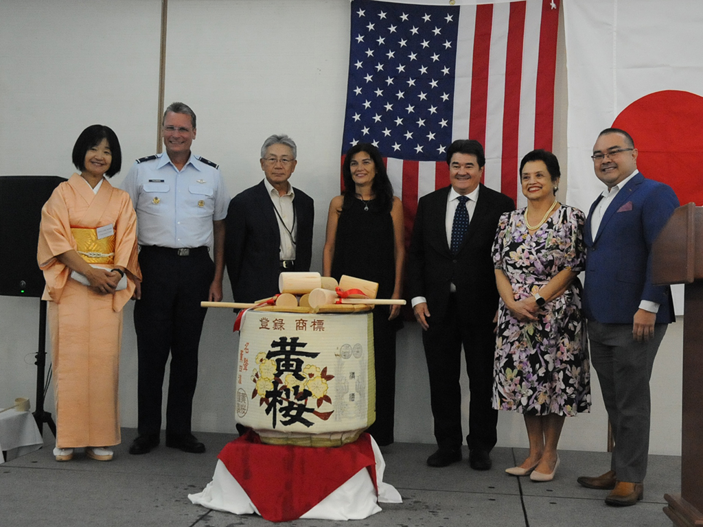 (From left) Consul General of Japan to Guam Rumiko Ishigami; Brig. Gen. Thomas B. Palenske, commander, 36th Wing, Andersen Air Force Base; Tadashi Gonda, chairman, Japan Club of Guam; Sen. Therese M. Terlaje, speaker of the 37th Guam Legislature; Chief Justice Robert J. Torres of the Supreme Court of Guam; Gov. Lourdes A. Leon Guerrero; and Carl Sotto, president of the Guam Nikkei Association.