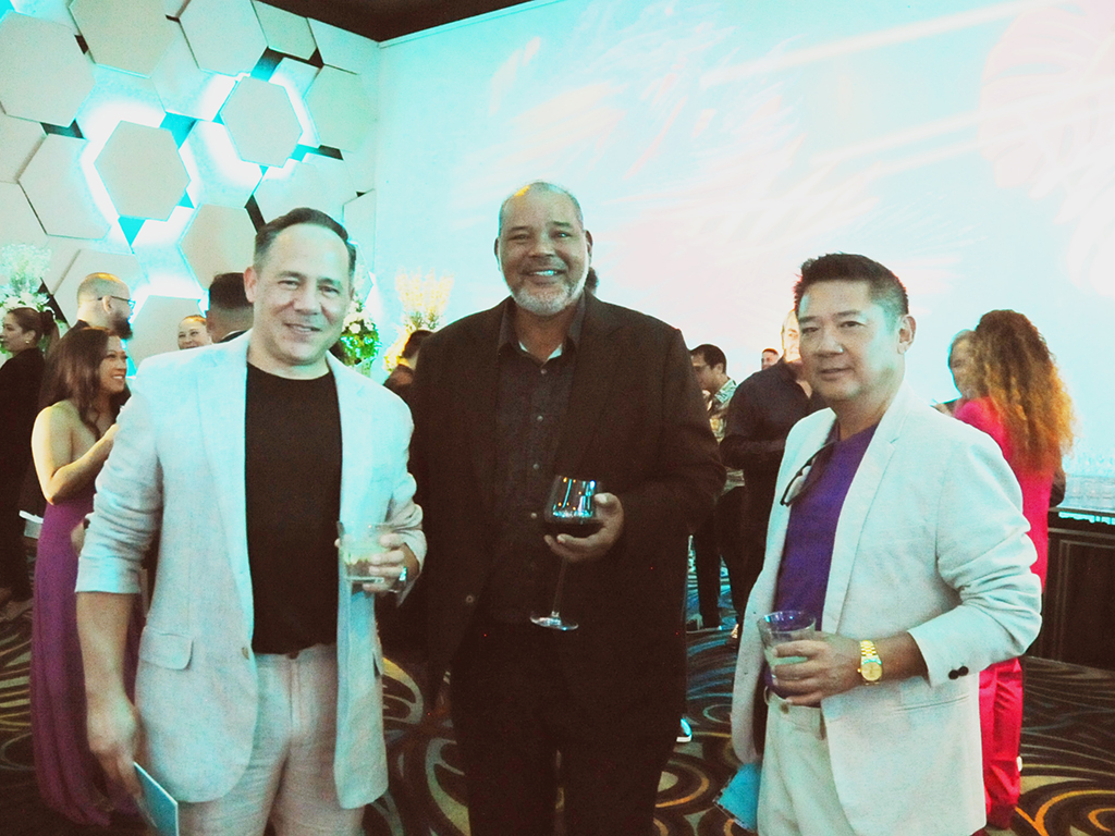 (From left) Michael A. Pangelinan, partner in Calvo, Jacob, and Pangelinan LLP; Frank A. Cruz, vice president and general manager of Guam Fast Foods Inc., which does business as KFC and Sbarro restaurants; and Benson Au-Yueng, president, Paradise Awning.