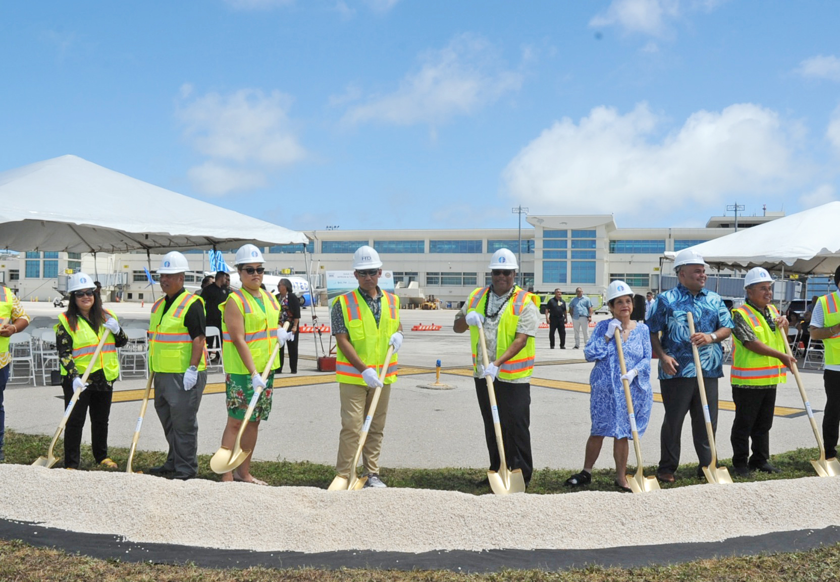 (From left) Sen. Vice Speaker Tina Muna Barnes, vice speaker of the 37th Guam Legislature; John Quinata, executive manager of the airport; Sen. Amanda L. Shelton, legislative secretary, 37th Guam Legislature, Brian Bamba, managing director, IP&amp;E Holdings LLC and chairman of the airport board; Mark McClardy, director, Office of Airports, Western Pacific Region, Federal Aviation Authority; Lt Gov. Joshua F. Tenorio, Gov. Lourdes A. Leon Guerrero, and Carlos Salas, assistant manager, FAA Airports District Office, Honolulu. 