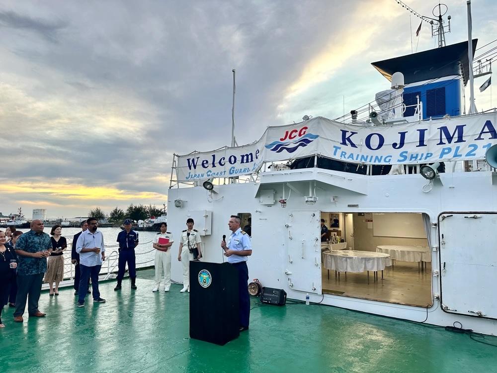 Capt. Robert Kistner, commander of U.S. Coast Guard Forces Micronesia Sector Guam, offers a toast during a reception hosted by Capt. Kazushi Sakae and the cadets and crew aboard the Japanese Coast Guard training ship Kojima during their visit to Guam on June 12, 2024. During the visit, three U.S. Coast Guard Academy cadets had the unique opportunity to share their recent experience of joining their Japanese counterparts on the voyage to Guam. 