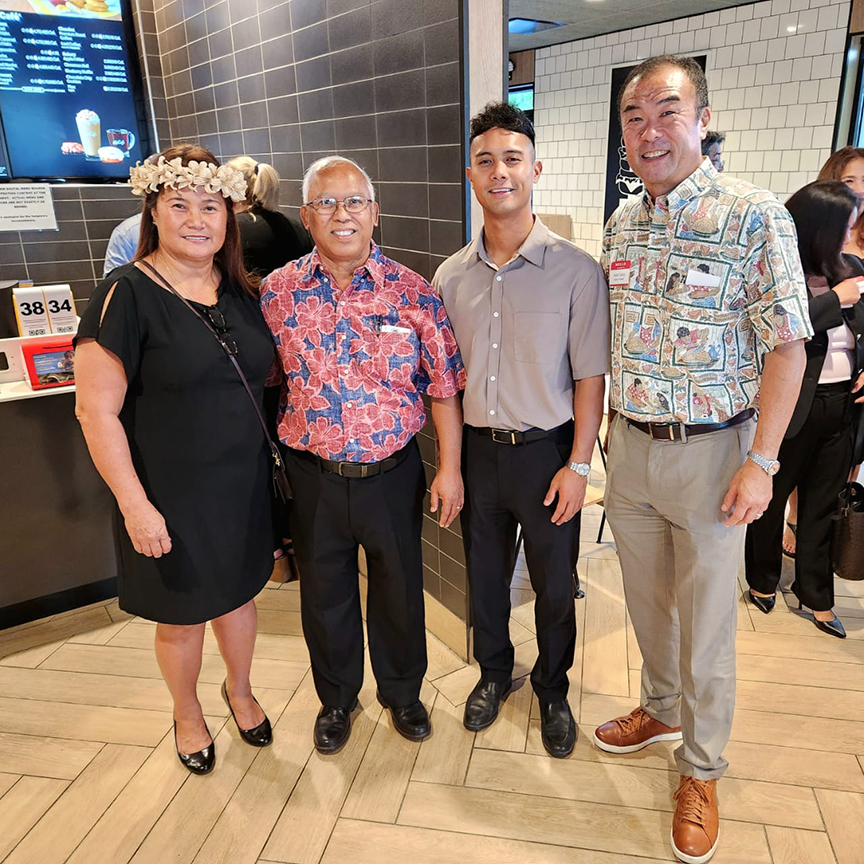 (From left) Marcia E. Ayuyu, vice president and owner/operator; Joe C. Ayuyu, president and owner/operator; Joe E. Ayuyu Jr., vice president; all with McDonald’s of Guam &amp; Saipan; and Mark Tokito, senior vice president, Bank of Hawaii. 