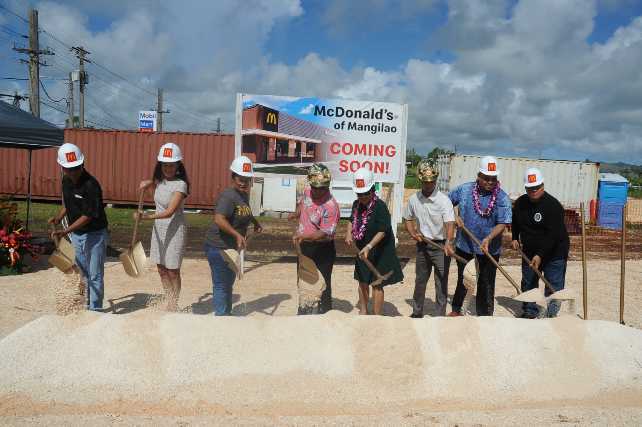 (From left) Noel Lomtong, project manager, Nakoa Guam Inc.; Sen. Therese M. Terlaje, speaker of the 37th Guam Legislature; Marcia Ayuyu, vice president and owner, Mcdonald’s Saipan; Jose Ayuyu, president and CEO, Mcdonald’s of Guam &amp; Saipan; Gov. Lourdes A. Leon Guerrero; Joe Ayuyu, vice president, Mcdonald’s of Guam &amp; Saipan and owner of Mcdonald’s of Yigo; Lt. Gov. Joshua F. Tenorio; Mayor Allan R.G. Ungacta of Mangilao. Jose Ayuyu Sr. said the estimated investment for the construction of the Mangilao McDonald’s is about $5 million. The new restaurant will open its doors in the February 2024 to March 2024 timeframe. The building will seat 67 people with 4,550 square feet of space. Nakoa Guam, Inc. is the contractor of the project. Photo by Justin Green