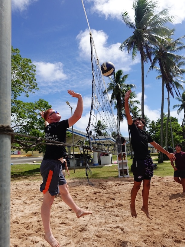 Jackson Lockwood, left, of USA and Derence Palacios of Tinian go to the net on Feb. 17, 2024, in the coed beach volleyball competition at the 20th Annual Tinian Hot Pepper Festival in The Marianas. Donni Diggers dominated the competition to win 1st place at the festival, organized by the Marianas Visitors Authority every President’s Day weekend in February.