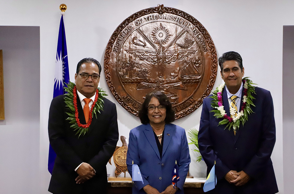 At the Jan. 22 inauguration of Hilda C. Heine as president of the Marshall Islands were (from left) President Wesley W. Simina of the Federated States of Micronesia, Heine, and President Surangel S. Whipps Jr. of Palau.Photo courtesy of the Office of the President of the Federated States of Micronesia